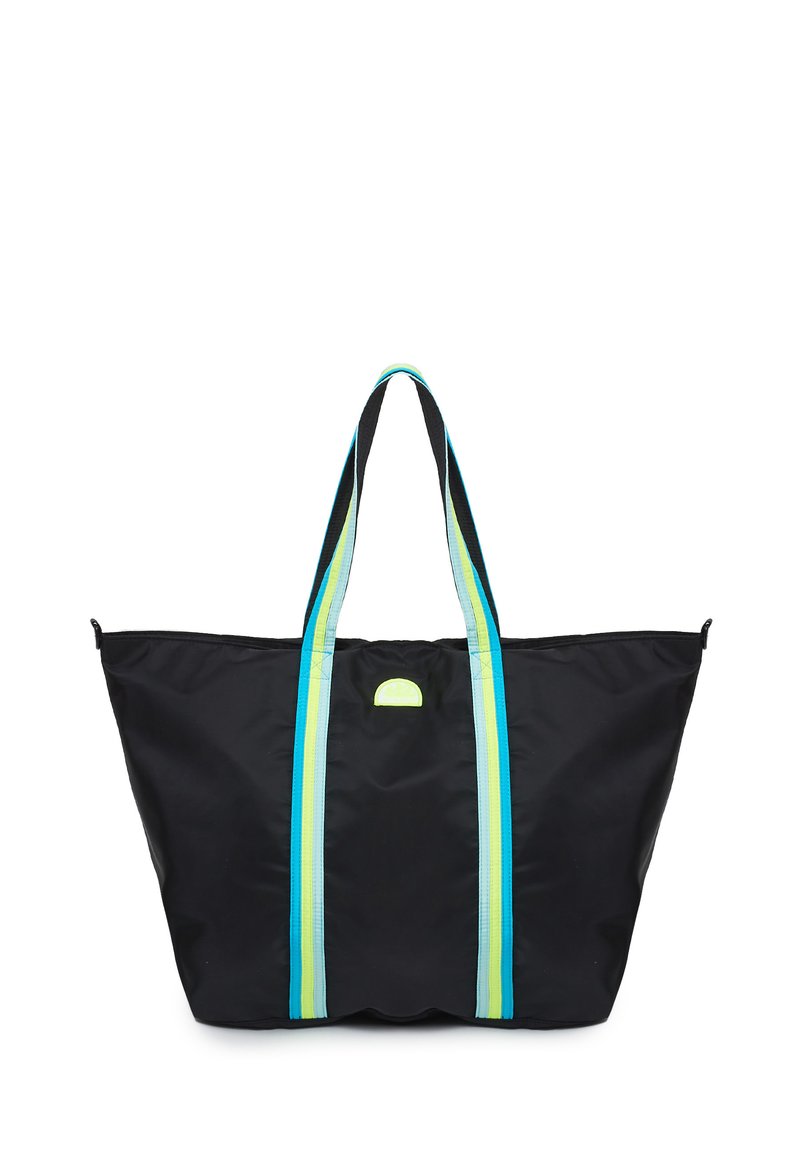 Borsa a tracolla nera con due manici a strisce blu e verdi vivaci e un piccolo logo sul davanti. Realizzata in tessuto leggero e resistente.