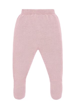 Pantalon bébé tricoté rose doux avec pieds fermés et taille élastique, posé à plat sur un fond blanc.