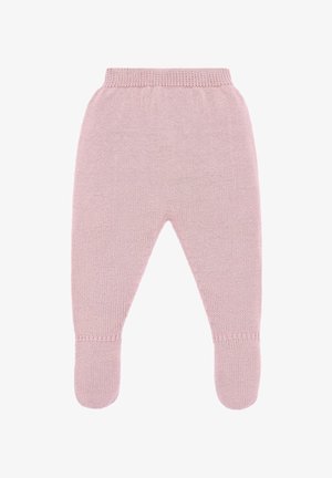 Pantalon bébé tricoté rose doux avec pieds fermés et taille élastique, posé à plat sur un fond blanc.