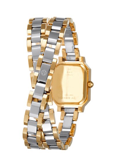 Bracelet de montre métallique bicolore or et argent avec un boîtier rectangulaire en or, avec un logo sur la boucle.