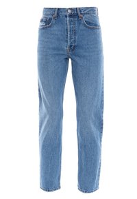 Jean en denim bleu clair taille haute, coupe droite, avec bouton sur le devant, fermeture éclair et design à cinq poches.