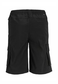 Short cargo noir avec taille élastique et poches latérales zippées, vus de dos sur un fond blanc uni.
