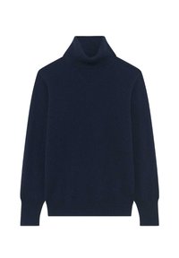 Suéter de cuello alto azul marino hecho de un suave tejido de punto, con mangas largas y un cuello y dobladillo acanalados para un ajuste ceñido. Diseño sencillo y clásico.