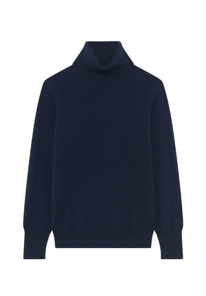 Pull à col roulé navy en tricot doux, avec des manches longues et un col et un ourlet côtelés pour un ajustement confortable. Design simple et classique.