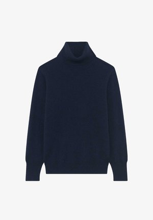 Navy coltrui gemaakt van zachte brei-stof, met lange mouwen en een ribbelkraag en -zoom voor een snug fit. Eenvoudig, klassiek ontwerp.