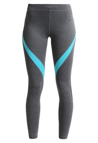 Šedé legíny vyrobené z elastické látky, s tyrkysovými diagonálními akcenty a vysokým pasem, které poskytují přiléhavý tvar.