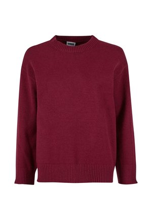 Bordeaux gebreid sweater met een ronde halslijn, lange mouwen en geribbelde manchetten en onderrand. Gemaakt van zachte stof met een gladde textuur.