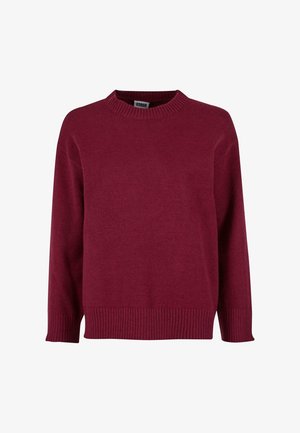 Bordeaux gebreid sweater met een ronde halslijn, lange mouwen en geribbelde manchetten en onderrand. Gemaakt van zachte stof met een gladde textuur.