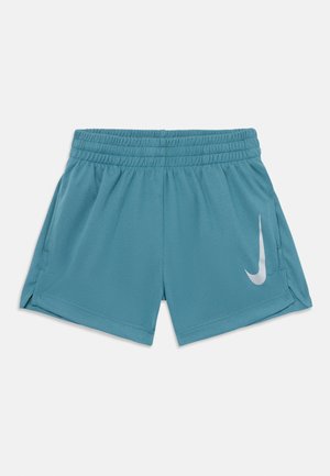 Himmelblaue Sportshorts mit einem elastischen Bund, Seiten-Schlitzen und einem weißen Nike-Logo am linken Bein. Glattes, atmungsaktives Material.