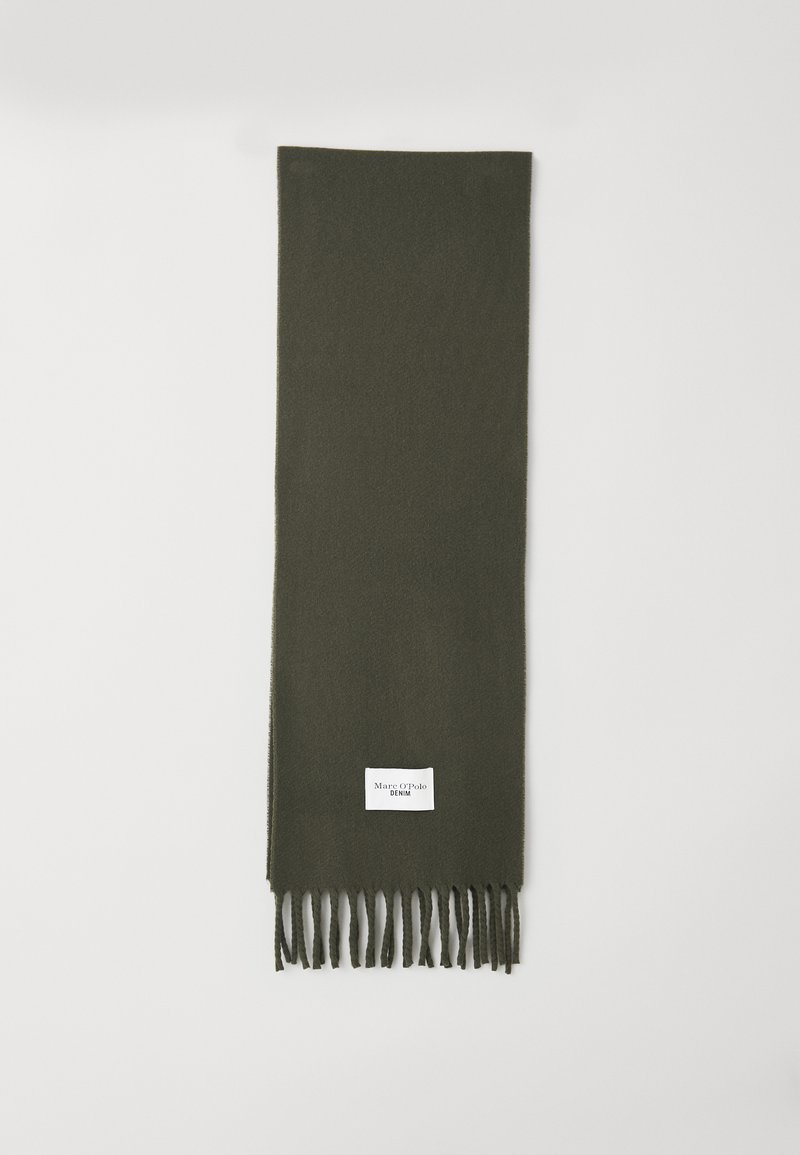Olive green scarf with fringe detailing, made of soft fabric. Features a rectangular shape and a label at the bottom with brand name.