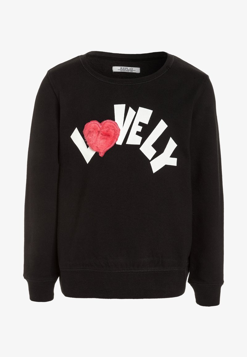 Sweat-shirt noir à manches longues avec des lettres blanches stylisées formant "LOVELY" et un cœur rouge duveteux remplaçant le "O" sur le devant.
