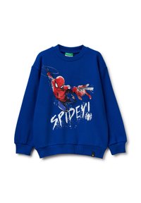 Sudadera azul con un gráfico de Spider-Man en acción, con "SPIDEY!" impreso en letras blancas en negrita. Textura suave, diseño de cuello redondo.