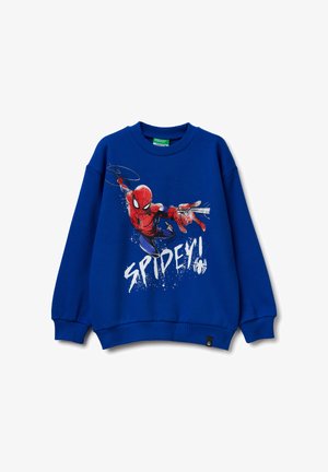 Sudadera azul con un gráfico de Spider-Man en acción, con "SPIDEY!" impreso en letras blancas en negrita. Textura suave, diseño de cuello redondo.