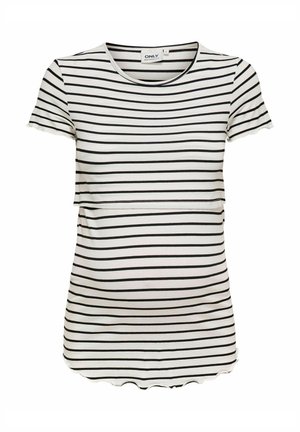 Schwarz-weiße gestreifte Umstands-T-Shirt, kurze Ärmel, runder Halsausschnitt, weicher Stoff, abgerundeter Saum und horizontales Streifenmuster.