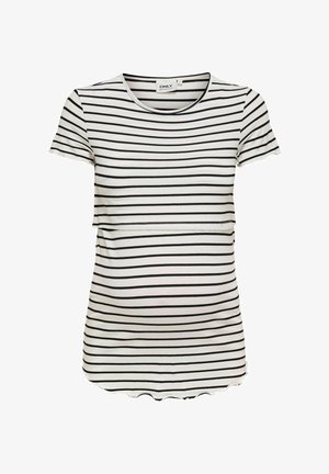 Črna in bela črtasta majica za nosečnice, kratki rokavi, okrogla izrezana ovratnica, mehak material, ukrivljen rob in vzorec vodoravnih črt.