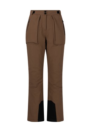 Braune Outdoor-Hosen aus wasserdichtem Material, mit zwei Fronttaschen und schwarzen Akzenten am Knöchel für verbesserte Langlebigkeit.