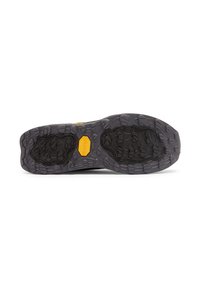 Black and gray shoe sole with deep treads and a yellow Vibram logo in the middle, designed for outdoor traction and durability.