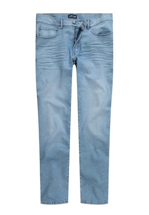 Helle blaue Denim-Jeans mit geradem Schnitt, vorderen Taschen und Reißverschluss. Der Stoff zeigt leichte Verblassen und eine glatte Textur.