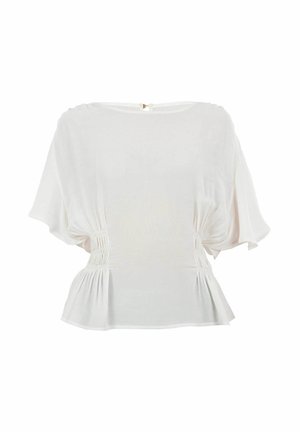 Valkoinen lyhythihainen paita, jossa on pyöreä pääntie, ylänurkan rypytetty yksityiskohta ja peplum-helma. Valmistettu kevyestä kankaasta, jossa on sileä pinta.