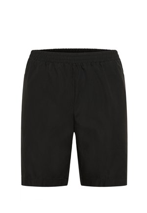 Pantaloni da bagno neri con cintura elastica, texture liscia, lunghezza al ginocchio e senza motivi visibili o dettagli in metallo.