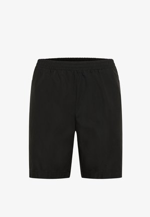 Shorts de bain noirs avec une taille élastique, texture lisse, longueur genoux, sans motifs visibles ni détails en matériel.