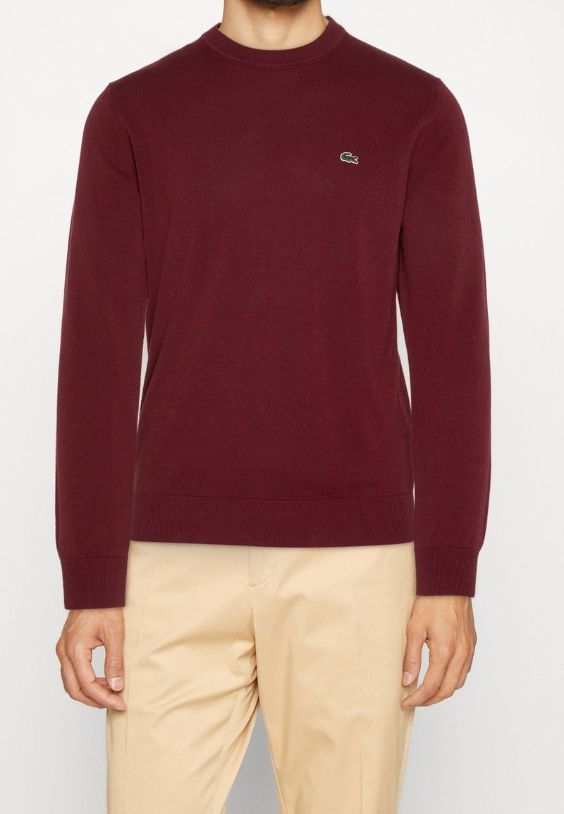 Homme portant un pull bordeaux à manches longues avec un petit logo vert sur la poitrine et un pantalon beige, debout sur un fond blanc.