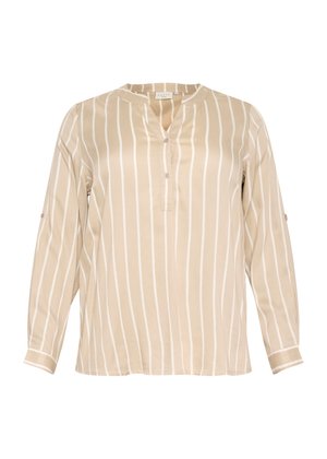 Beige pitkähihaine paita, jossa on pystysuunnassa valkoisia raitoja, napitus etuosassa ja kauluspanta. Pehmeää kangasta, rento malli ja käännettävät hihat.