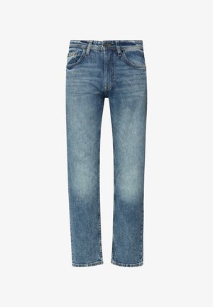 Niebieskie, proste jeansy z denimu z efektem sprania, zapinane z przodu na guziki, z szlufkami na pasek oraz kieszeniami z przodu i z tyłu.