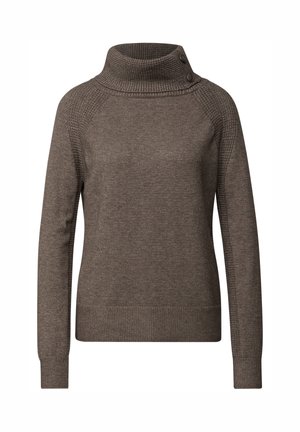 Brun stickad tröja med hög krage, ribbade detaljer på axlarna och två knappdetaljer vid halsen. Mjuk textur och långa ärmar.