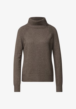 Pull en tricot marron avec un col haut, des accents côtelés sur les épaules et deux boutons au niveau du cou. Texture douce et manches longues.