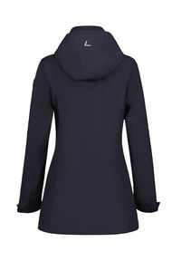 Marineblaue wasserdichte Jacke mit Kapuze, langen Ärmeln und tailliertem Design. Verfügt über ein dezentes Logo auf dem Rücken. Glatte Textur.