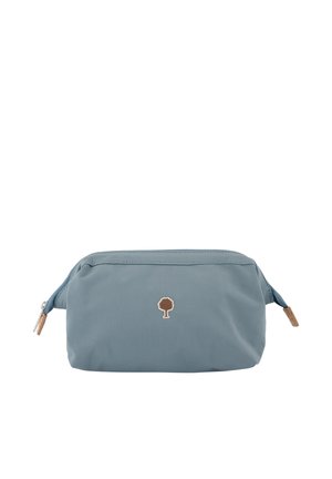 Petite pochette rectangulaire en tissu bleu-gris avec une fermeture éclair sur le dessus et un petit logo d'arbre marron centré à l'avant.