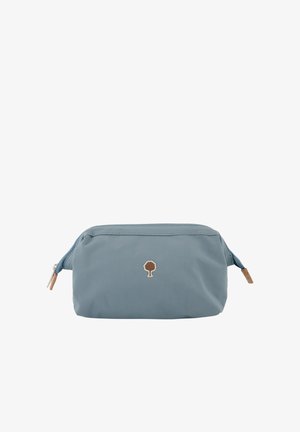 Petite pochette rectangulaire en tissu bleu-gris avec une fermeture éclair sur le dessus et un petit logo d'arbre marron centré à l'avant.