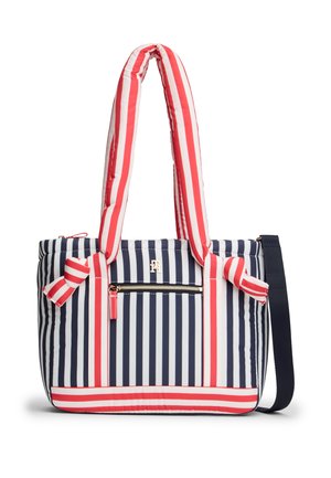 Pruhovaná taška na rameno s vertikálními a horizontálními pruhy v námořnické modři, bílé a červené barvě, polstrovanými uchy, přední kapsou na zip a odnímatelným ramenním popruhem.