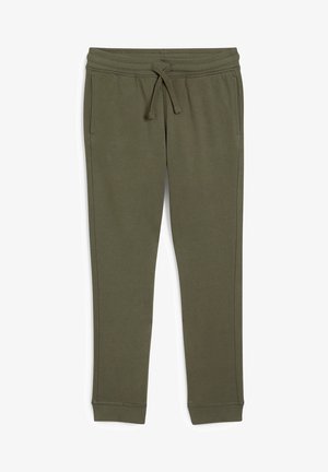 Pantalones deportivos de color verde oliva con cintura ajustable con cordón, bolsillos laterales, puños ajustados y una textura de tela suave.