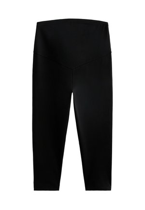 Zwarte leggings met een hoge, brede tailleband. Gemaakt van een glad, rekbaar materiaal, met een aansluitend ontwerp en een verkorte lengte.