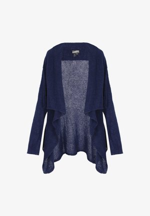 Námornícky modrý prepletený kardigan s otvoreným predným dielom a dlhými rukávmi, s vodopádovým lemom, zobrazený na bielom pozadí.