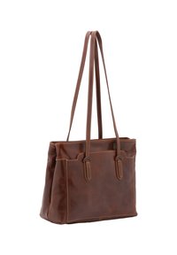 Borsa a tracolla in pelle marrone con finitura liscia, doppi manici e dettagli di cucitura a contrasto. Forma rettangolare con lati rinforzati.