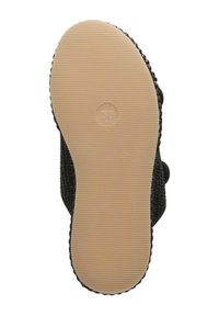 Sandale tissée noire avec une semelle extérieure texturée, présentant une semelle en caoutchouc beige lisse et une empreinte de taille "36" au bas.