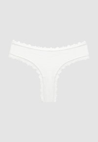 Culote branco em tecido suave, com um delicado acabamento em renda ao longo da cintura e das aberturas das pernas. Design simples e minimalista.