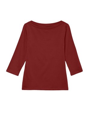 Haut bordeaux à manches longues avec un décolleté large, fabriqué en coton doux, présentant une coupe droite et un design simple.
