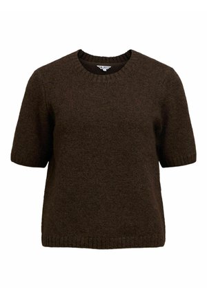 Maglione corto marrone a maniche corte in morbido tessuto a maglia, con scollatura rotonda e polsini e orlo a coste. Design semplice e classico.