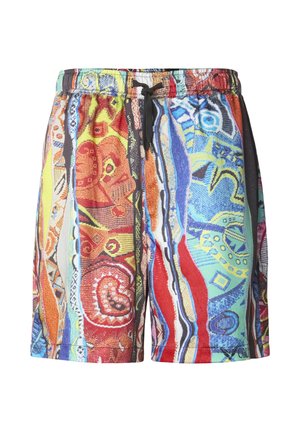 Pánské šortky v různých barvách s elastickým pasem a černým stahovacím šňůrkem, zdobené abstraktními vertikálními vzory v odstínech červené, modré, žluté a oranžové.