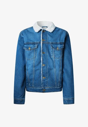 Jeansowa kurtka w średnim niebieskim kolorze z białym kołnierzem z sztucznego futra. Posiada dwie kieszenie na piersi oraz złote guziki. Klasyczny krój z długimi rękawami.