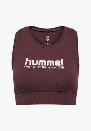 Bordeauxfarbener Sport-BH aus dehnbarem Material mit rundem Halsausschnitt und breitem Bund. Mit dem weißen Logo-Text "hummel PERFORMANCE" prominent versehen.