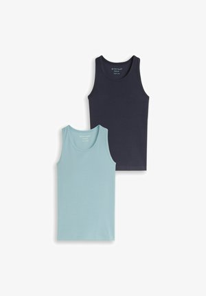 Twee mouwloze katoenen tanktops, één lichtblauw en één donker marineblauw, overlappend gerangschikt op een witte achtergrond.