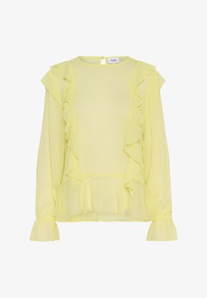 Gul chiffongblus med volangdetaljer längs framsidan och ärmarna, med rund halsringning och knäppning bak.
