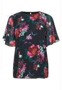 Blusa floreale con maniche a volant corte, base nera e motivi floreali nei colori vivaci di rosa, viola e verde. Presenta un'apertura a chiave sul retro.