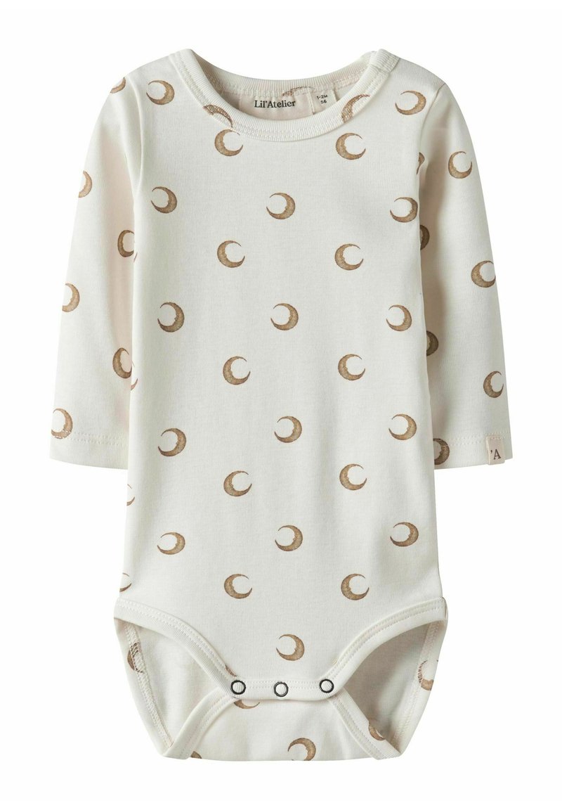Langermet baby bodysuit i kremfarget bomull, med et gjentakende brunt halvmånedesign og trykknapper nederst.