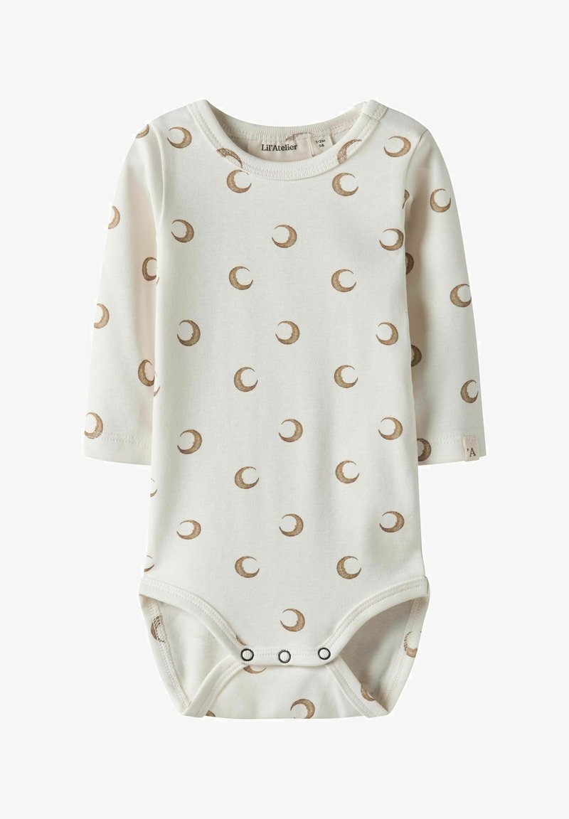 Langermet baby bodysuit i kremfarget bomull, med et gjentakende brunt halvmånedesign og trykknapper nederst.